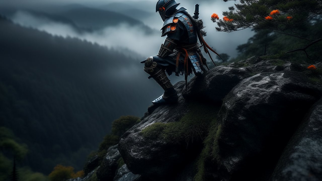 Armored Samurai Standing on Rocky Cliff Overlooking Misty Mountains