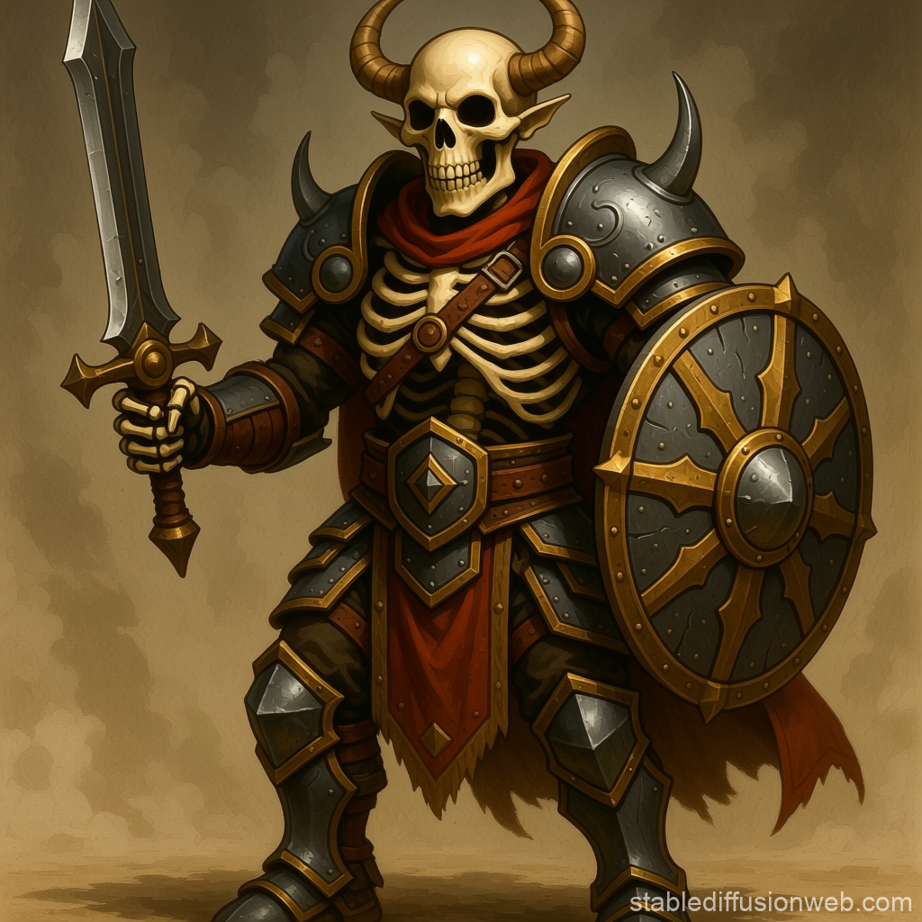 Armored Skeletal Warrior with Horned Skull and Shield