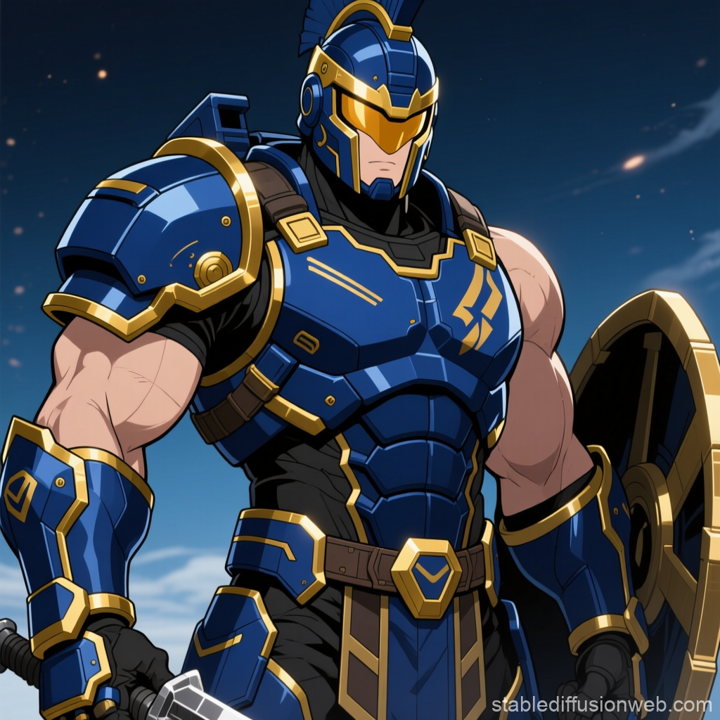 Armored Super Soldier in Blue and Gold Anime Style