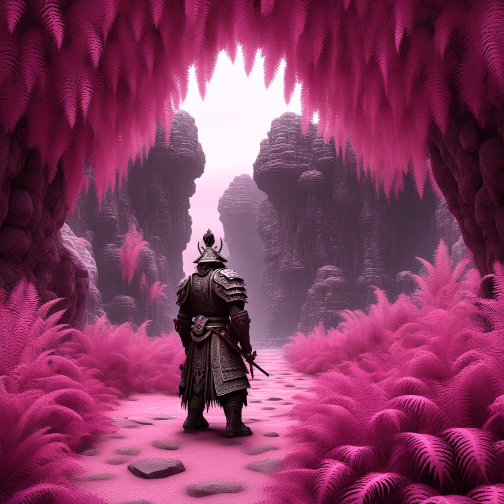 Armored Warrior in a Surreal Pink Fractal Landscape
