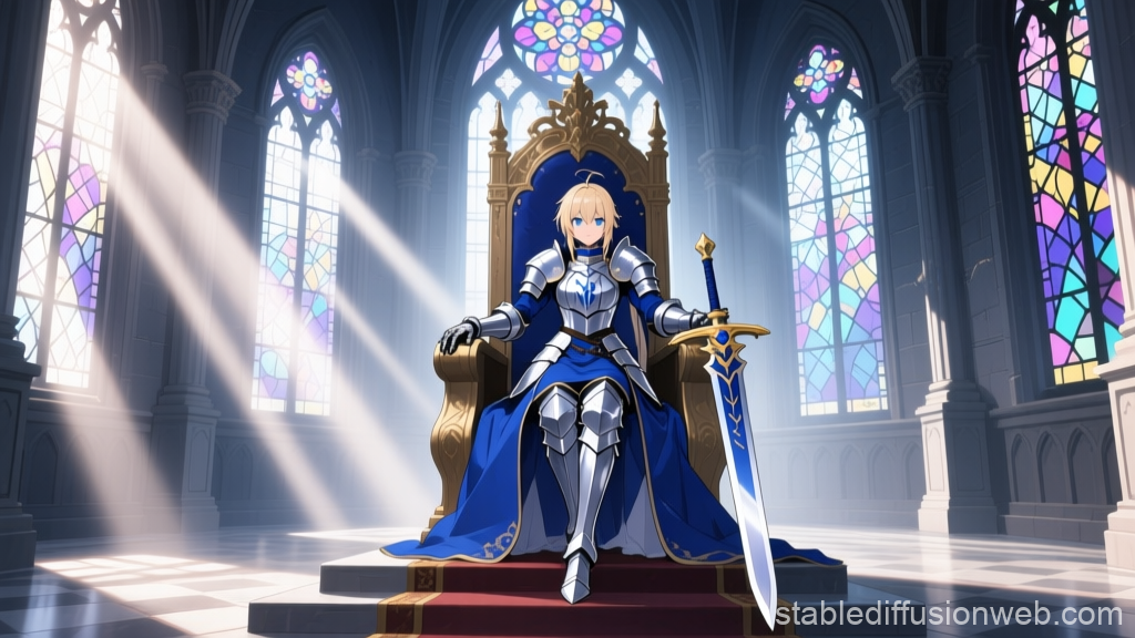 Armored Warrior on Throne in Stained Glass Cathedral