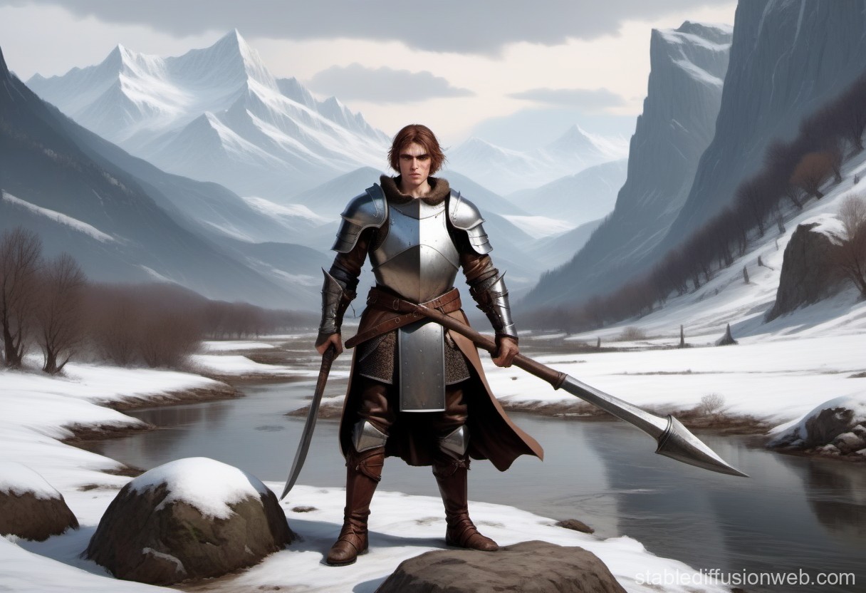 Armored Warrior Standing in Snowy Mountain Valley