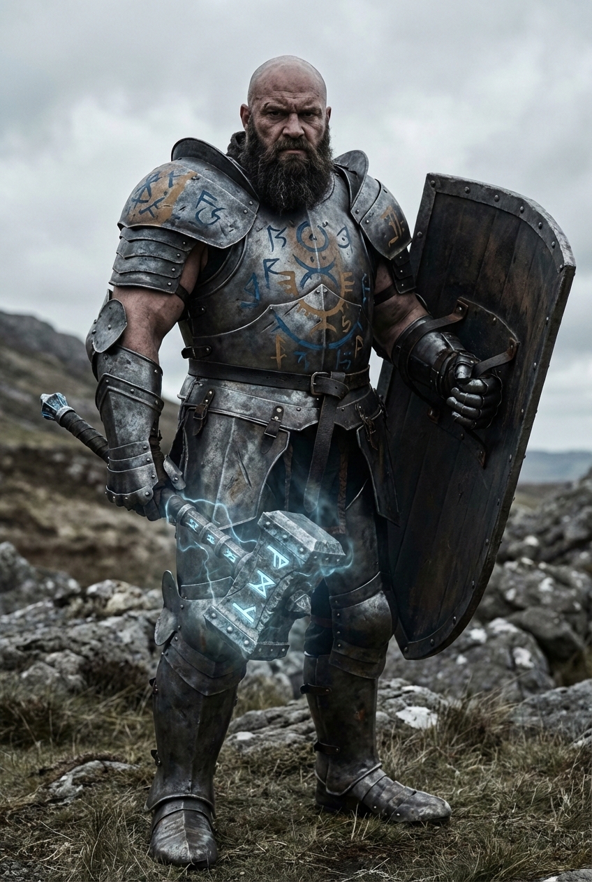 Armored Warrior with Enchanted Hammer and Shield
