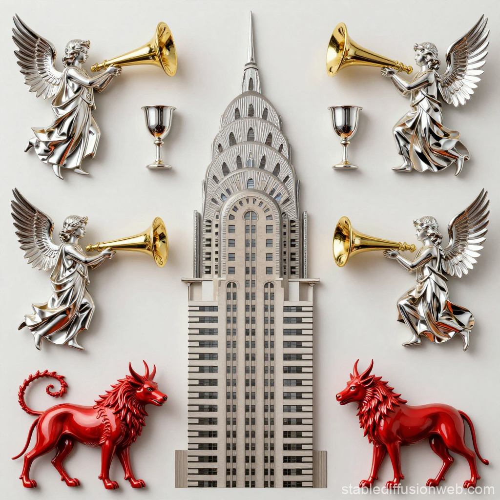 Art Deco Building Surrounded by Angelic Trumpeters and Mythical Red Lions