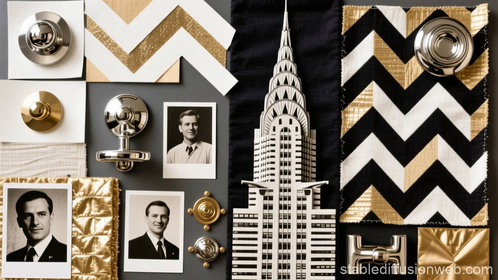 Art Deco Design Elements with Vintage Portraits and Building Model