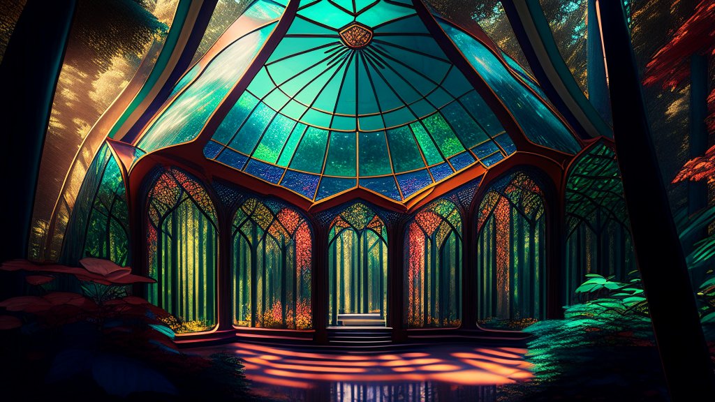 Art Deco Glass Pavilion in a Lush Forest