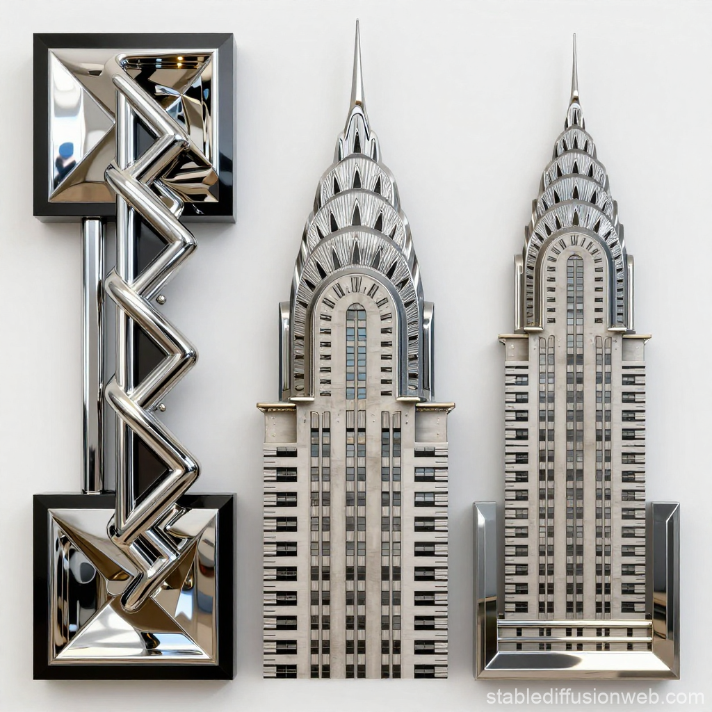 Art Deco Inspired Chrome Sculptures and Chrysler Building Facades