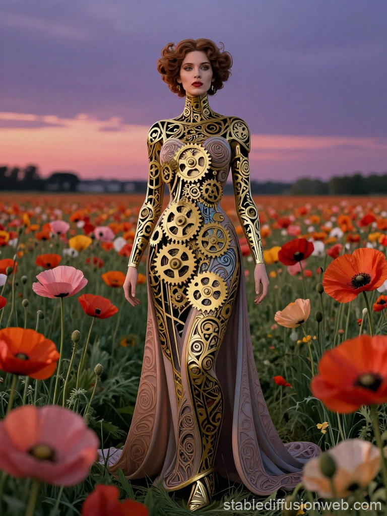 Art Nouveau Clockwork Woman in a Flower Field at Sunset
