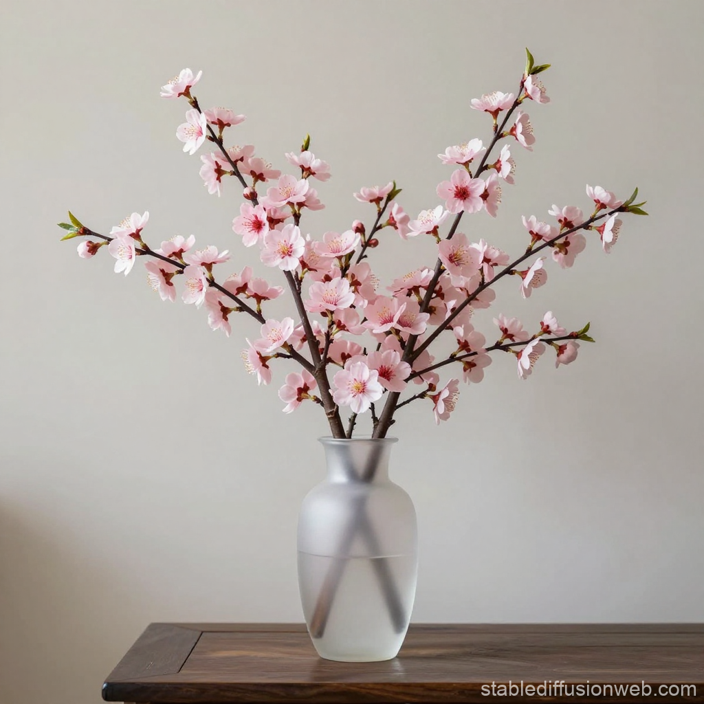 Artificial Cherry Blossoms in Frosted Glass Vase