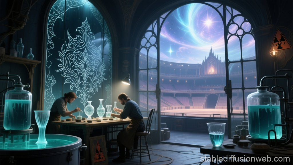 Artisans Crafting Glassware in a Mystical Workshop