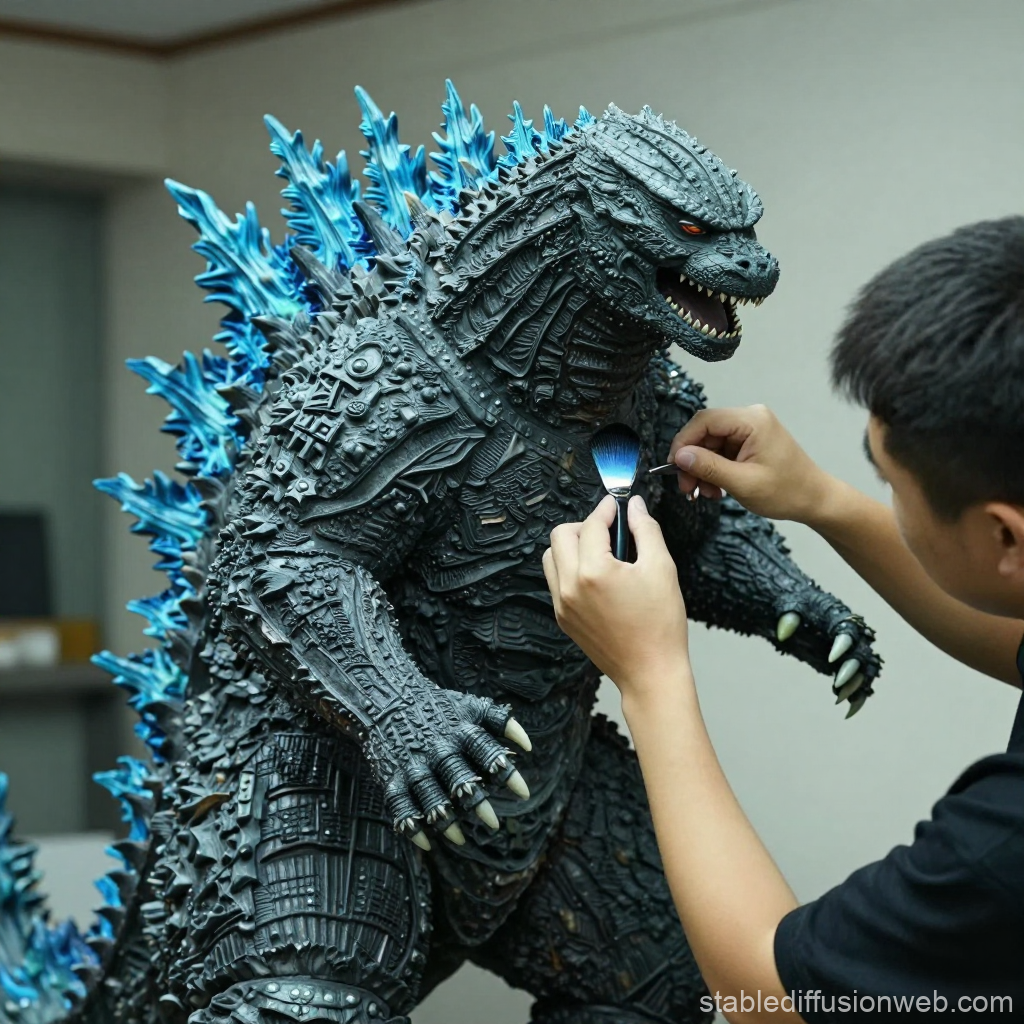 Artist Detailing a Realistic Godzilla Model