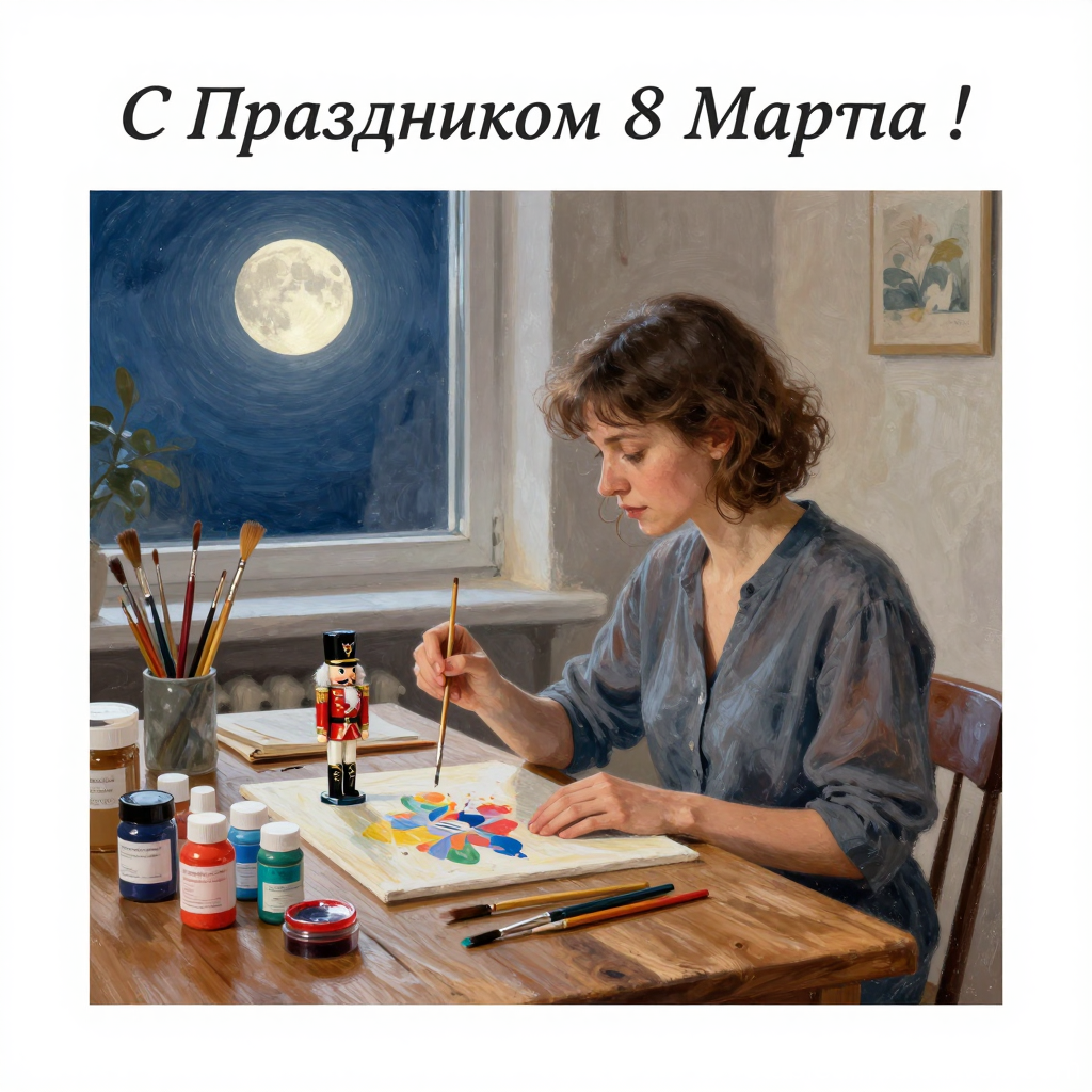 Artist Painting Under the Moonlight Celebrating March 8