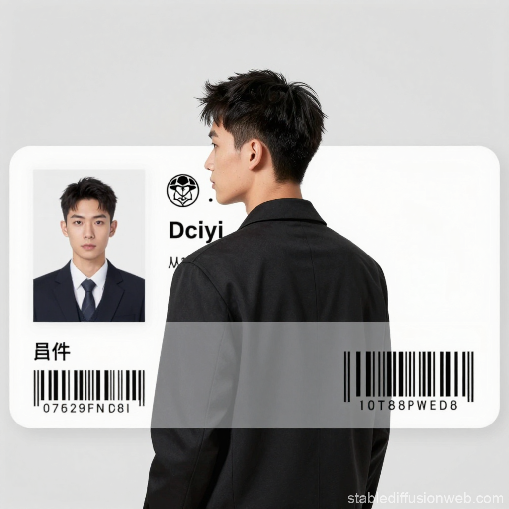 Asian Man Standing in Front of Large ID Card