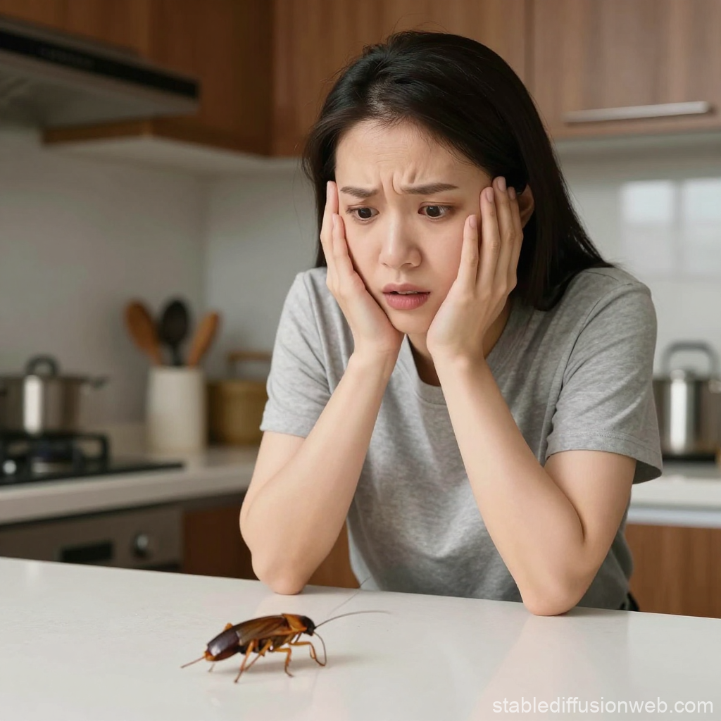 Asian Woman Frightened by Cockroach in Kitchen