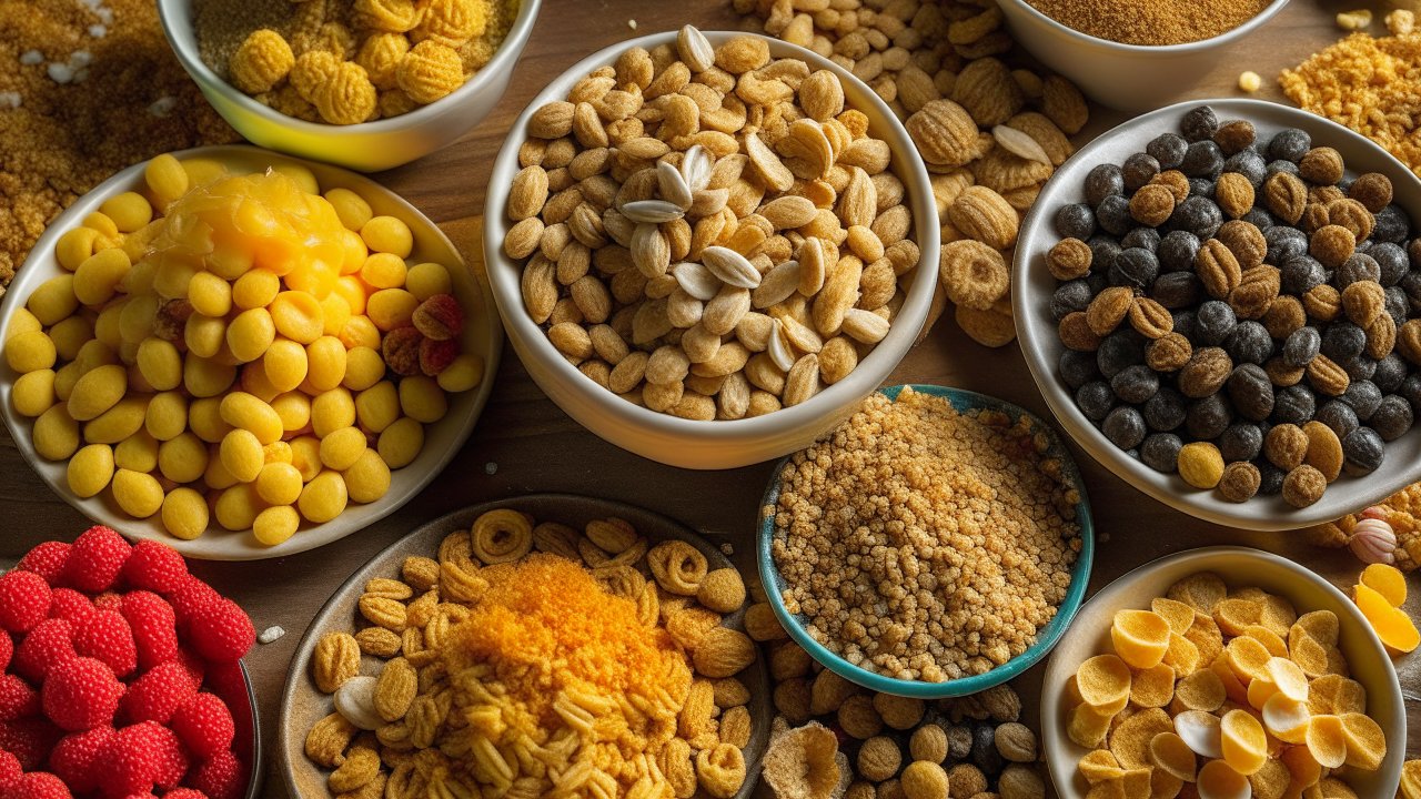 Assorted Colorful Cereals in Bowls on Wooden Table