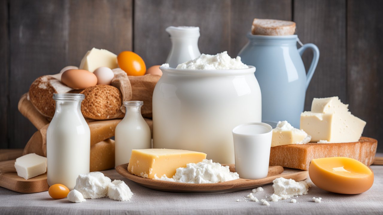 Assorted Dairy Products and Fresh Bread on Wooden Table