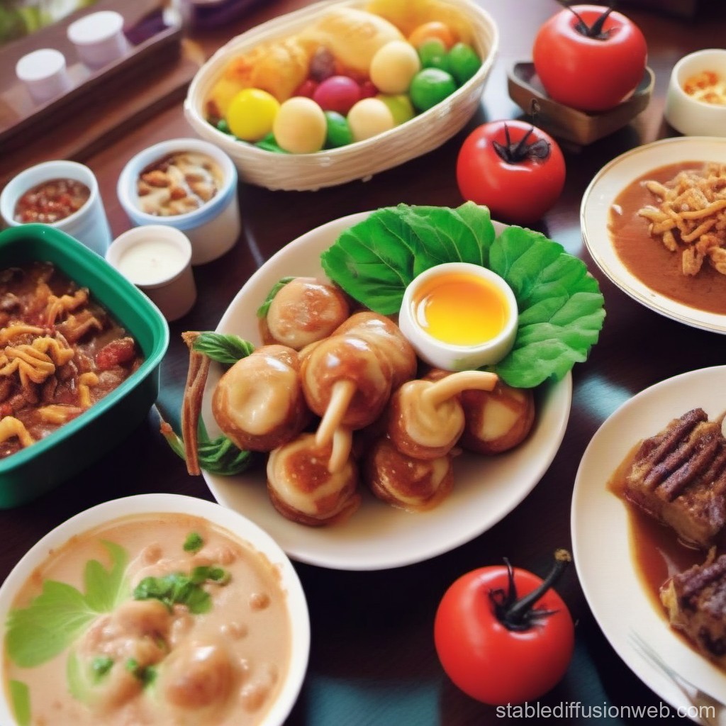 Assorted Delicious Dishes with Fresh Tomatoes and Sauce