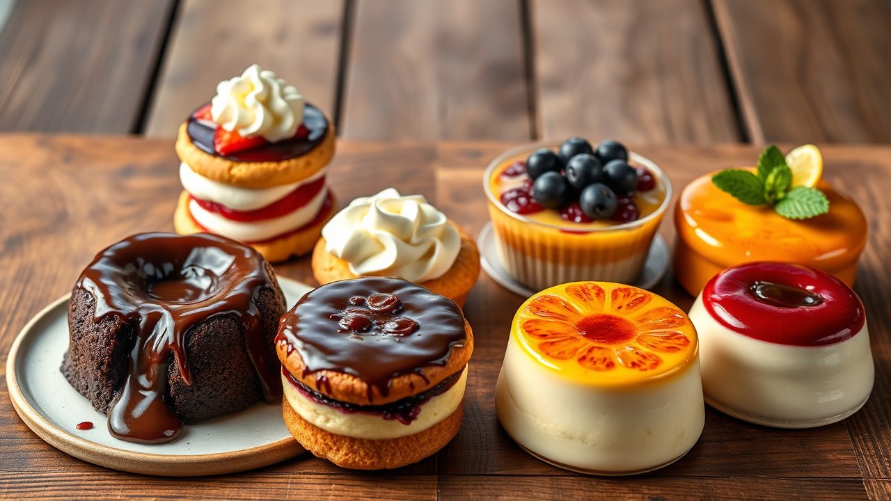 Assorted Gourmet Mini Desserts on Wooden Table