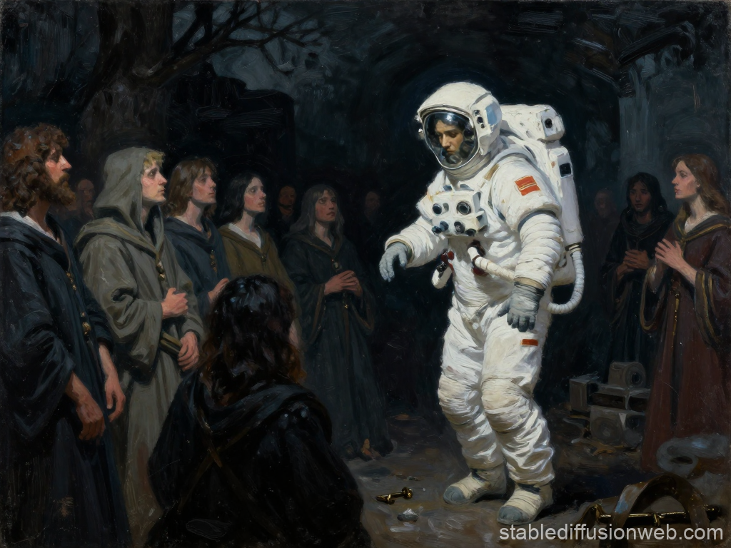Astronaut Among Medieval Cult Followers
