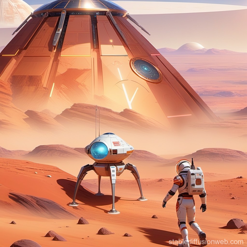 Astronaut Exploring a Futuristic Mars Base with Rover