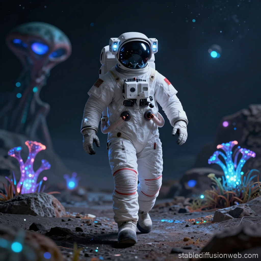 Astronaut Exploring a Glowing Alien Landscape