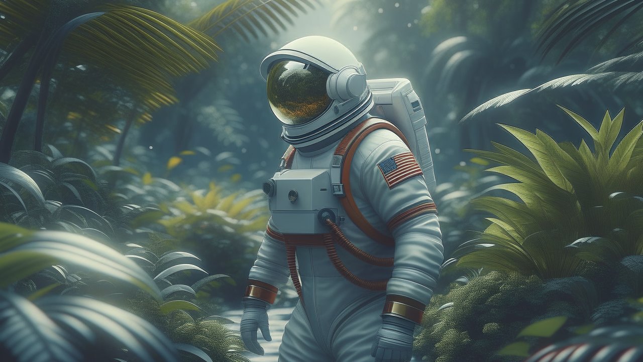 Astronaut Exploring a Lush Alien Jungle