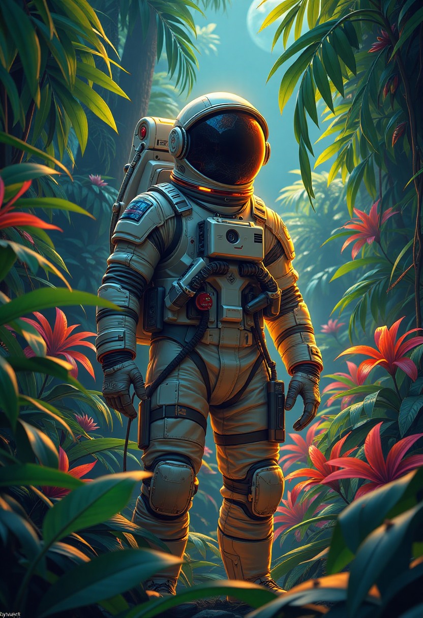 Astronaut Exploring a Lush Jungle
