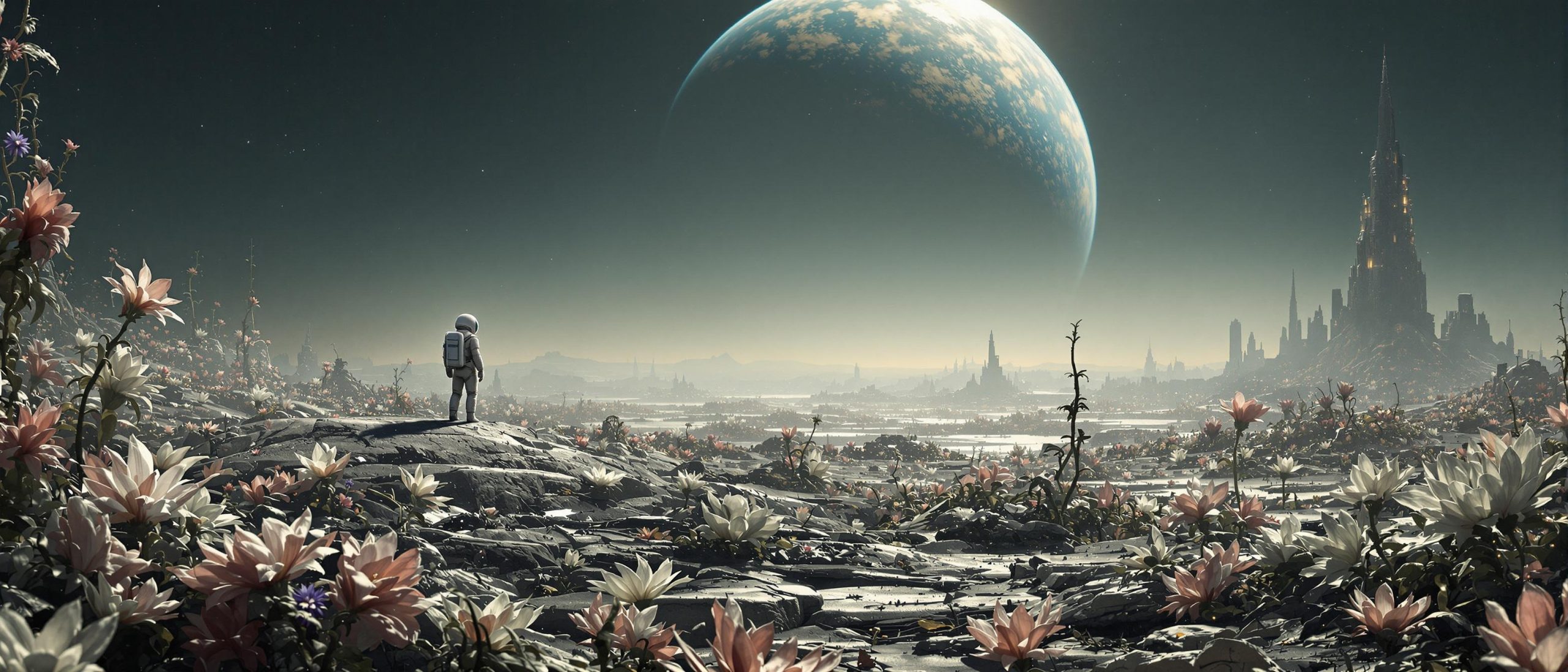 Astronaut Exploring Alien Flower Landscape Under Distant Planet