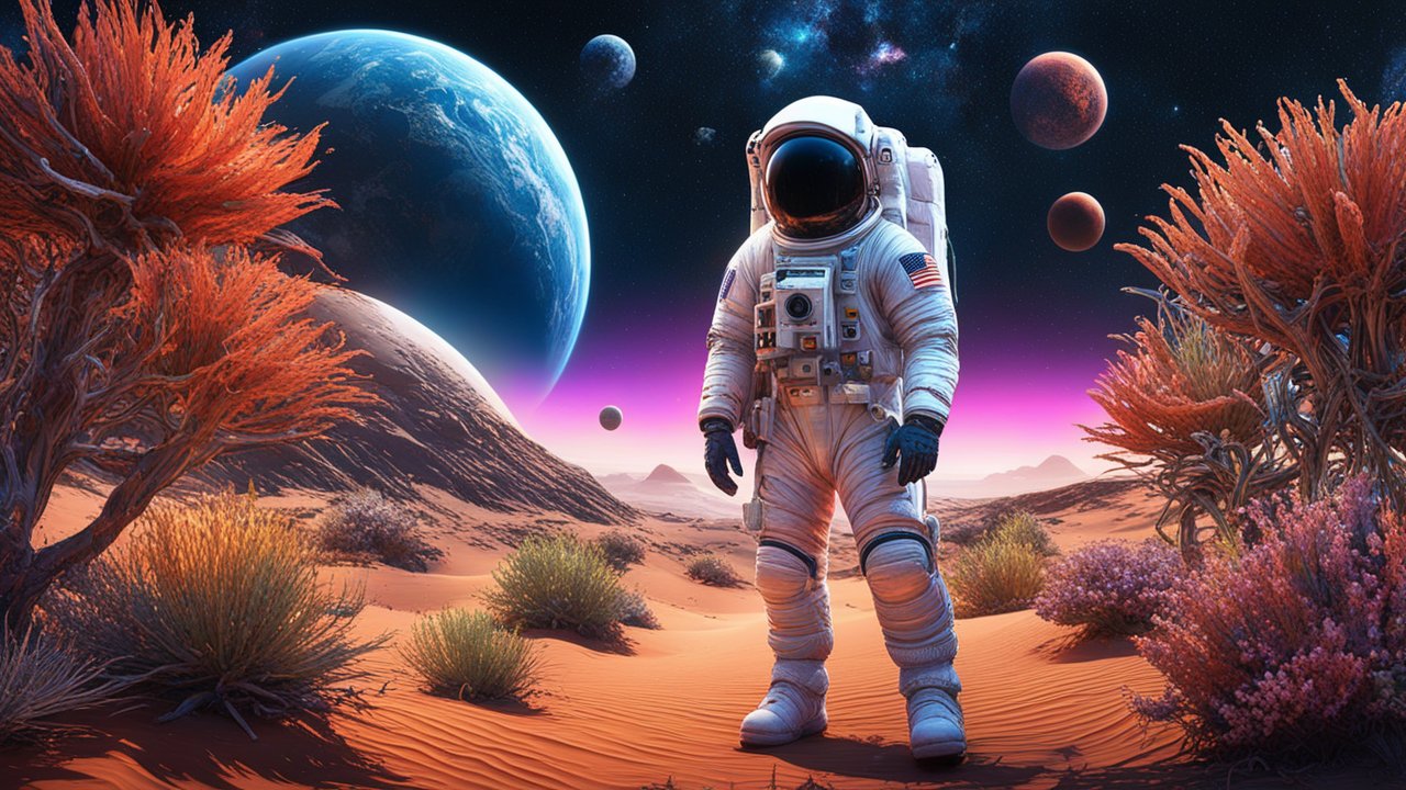 Astronaut Exploring an Alien Desert Landscape with Multiple Planets