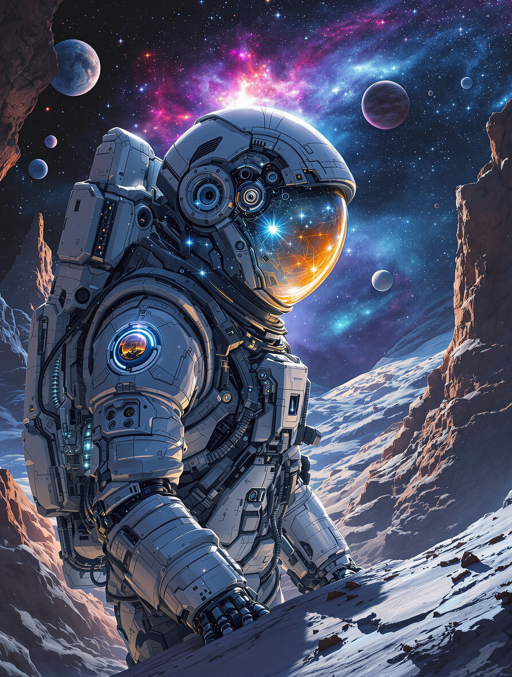 Astronaut Exploring an Alien Landscape Under a Starry Sky