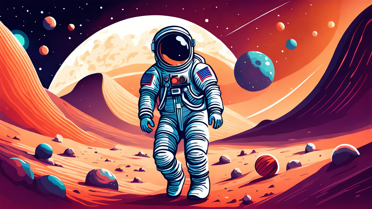 Astronaut Exploring an Alien Planet with Colorful Planets