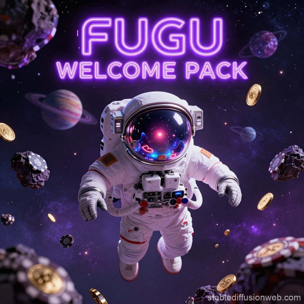 Astronaut Floating in Space with Neon FUGU Welcome Pack Sign