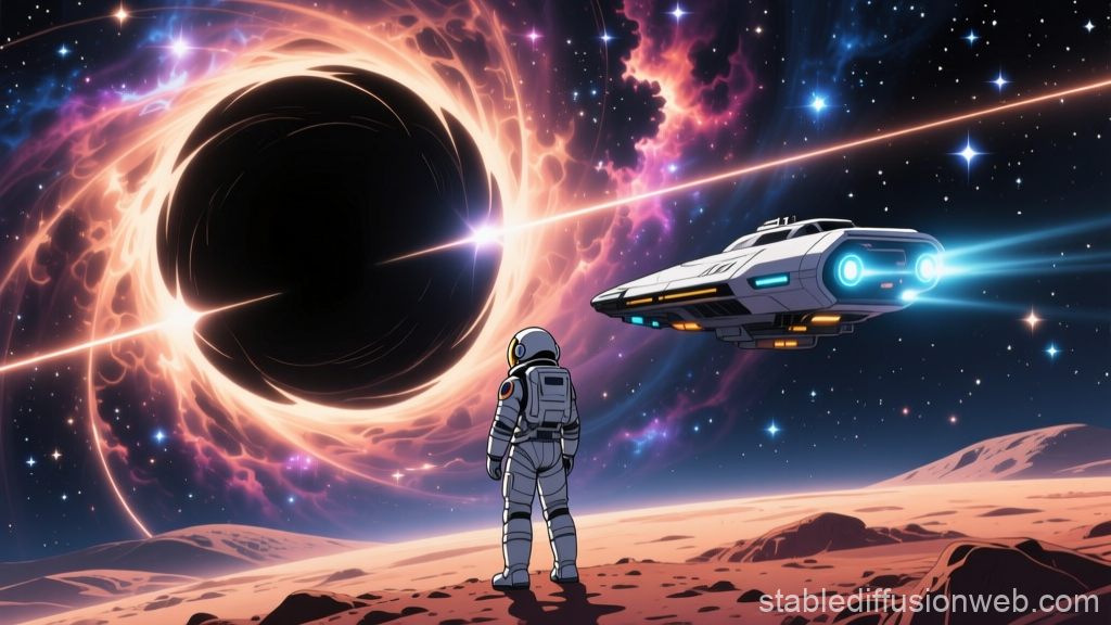 Astronaut Observing a Cosmic Black Hole with Spaceship Nearby