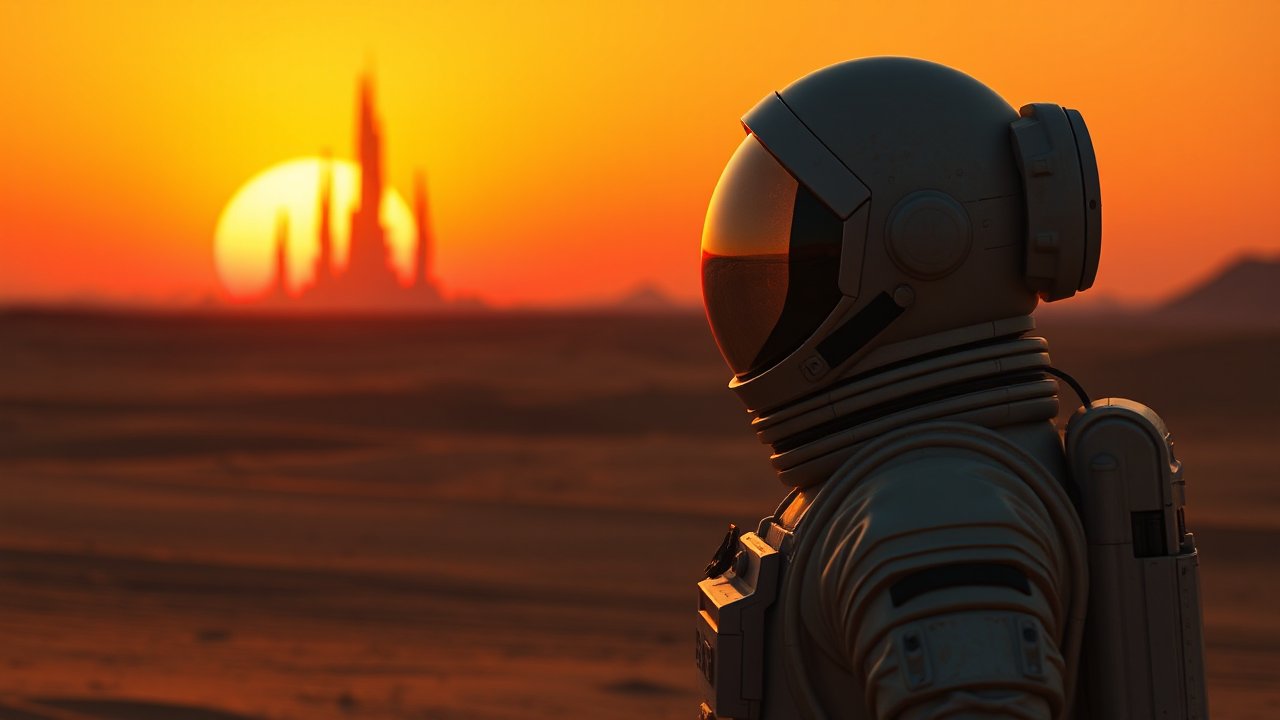 Astronaut Observing Alien Sunset with Futuristic City Silhouette