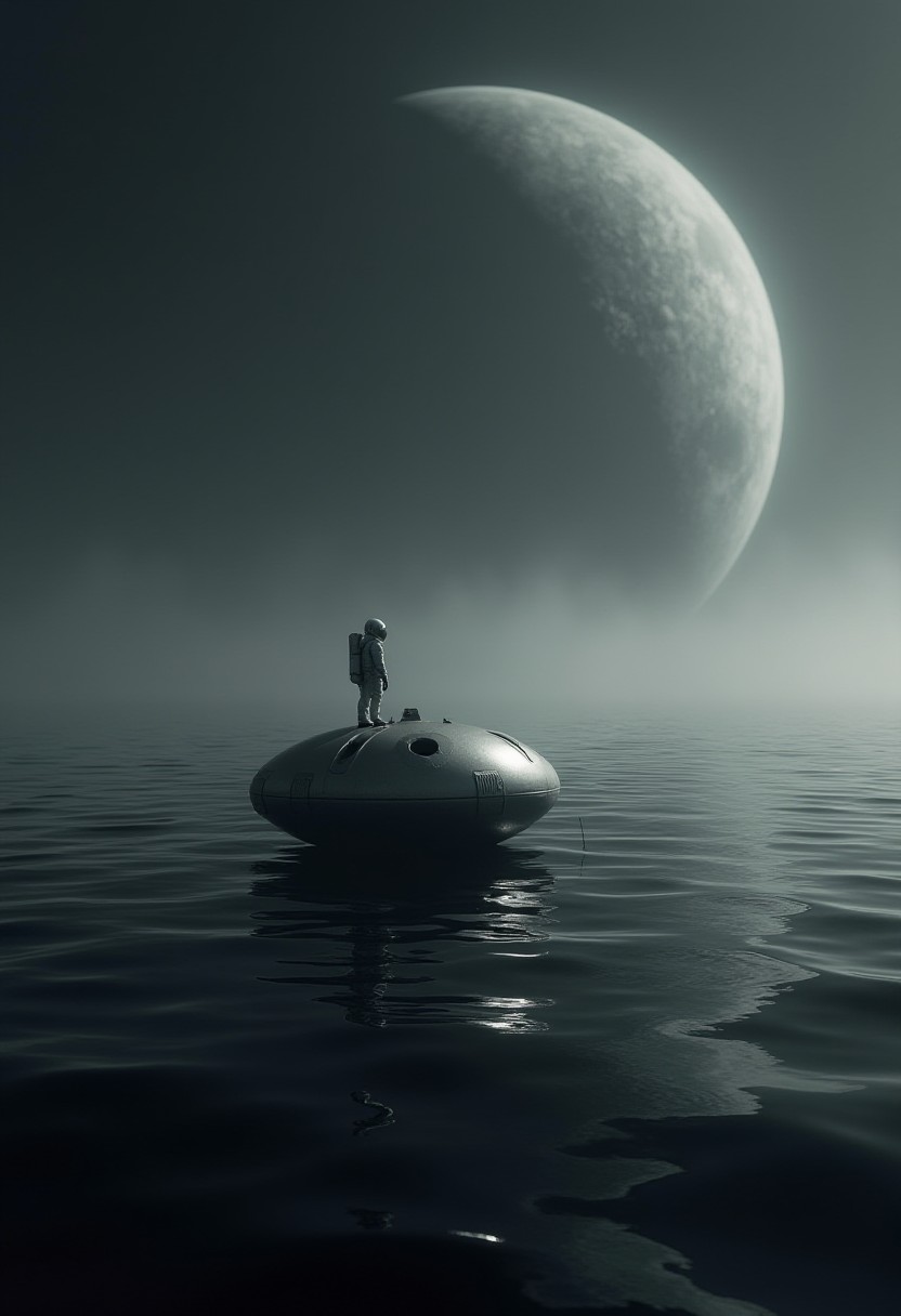 Astronaut on a Capsule Floating Under a Giant Moon
