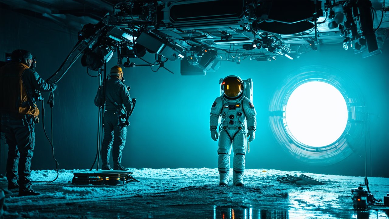 Astronaut on a Sci-Fi Film Set with Bright Portal