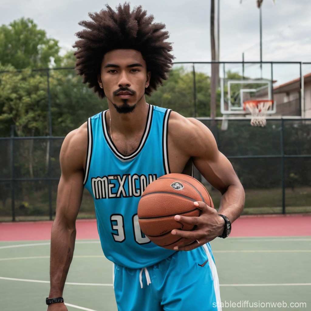Athletic Basketball Player in Blue Mexico Jersey on Outdoor Court
