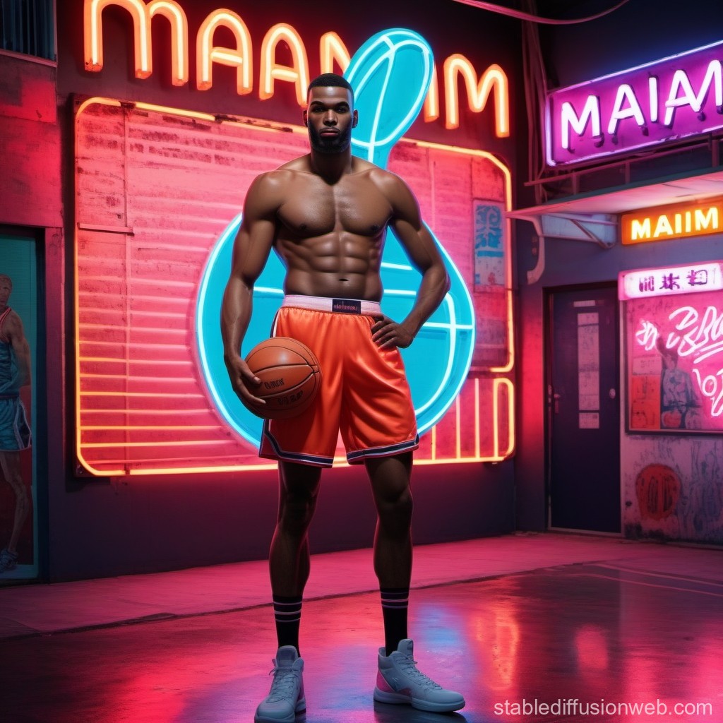 Athletic Basketball Player in Neon-Lit Urban Court