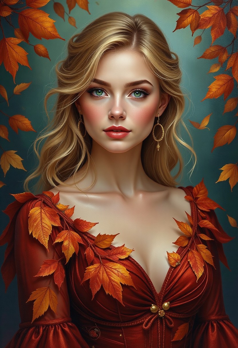 Autumn Elegance: Portrait of a Woman with Fall Leaves
