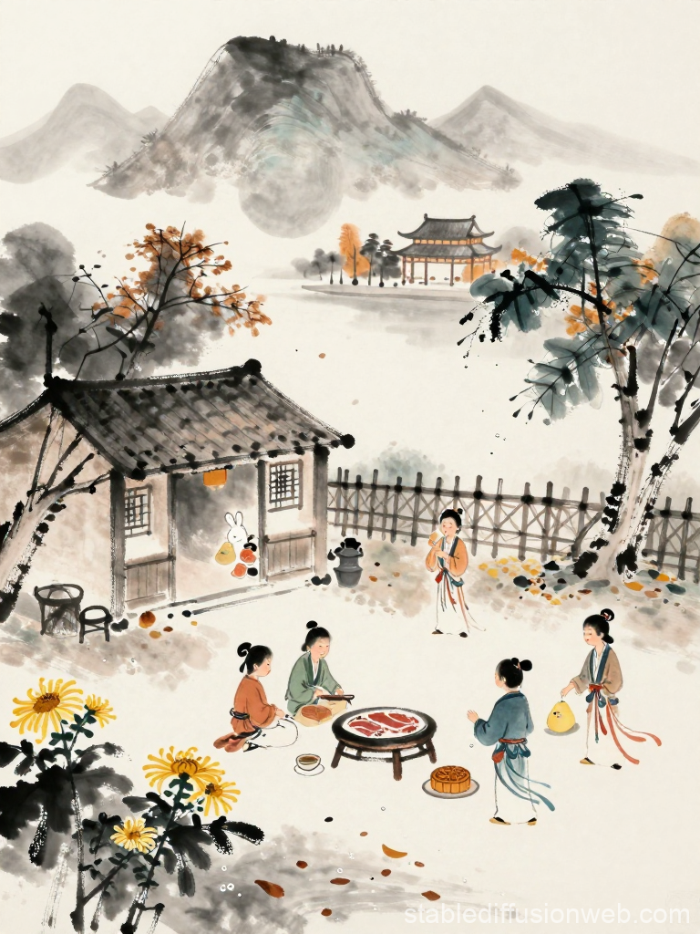 Autumn Family Reunion in Traditional Ink Style