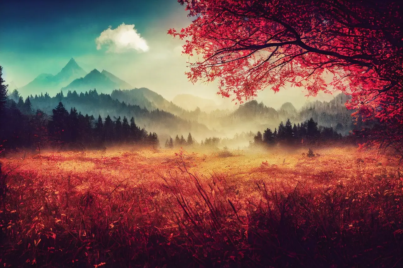Autumn Fantasy Pasture with Misty Mountains