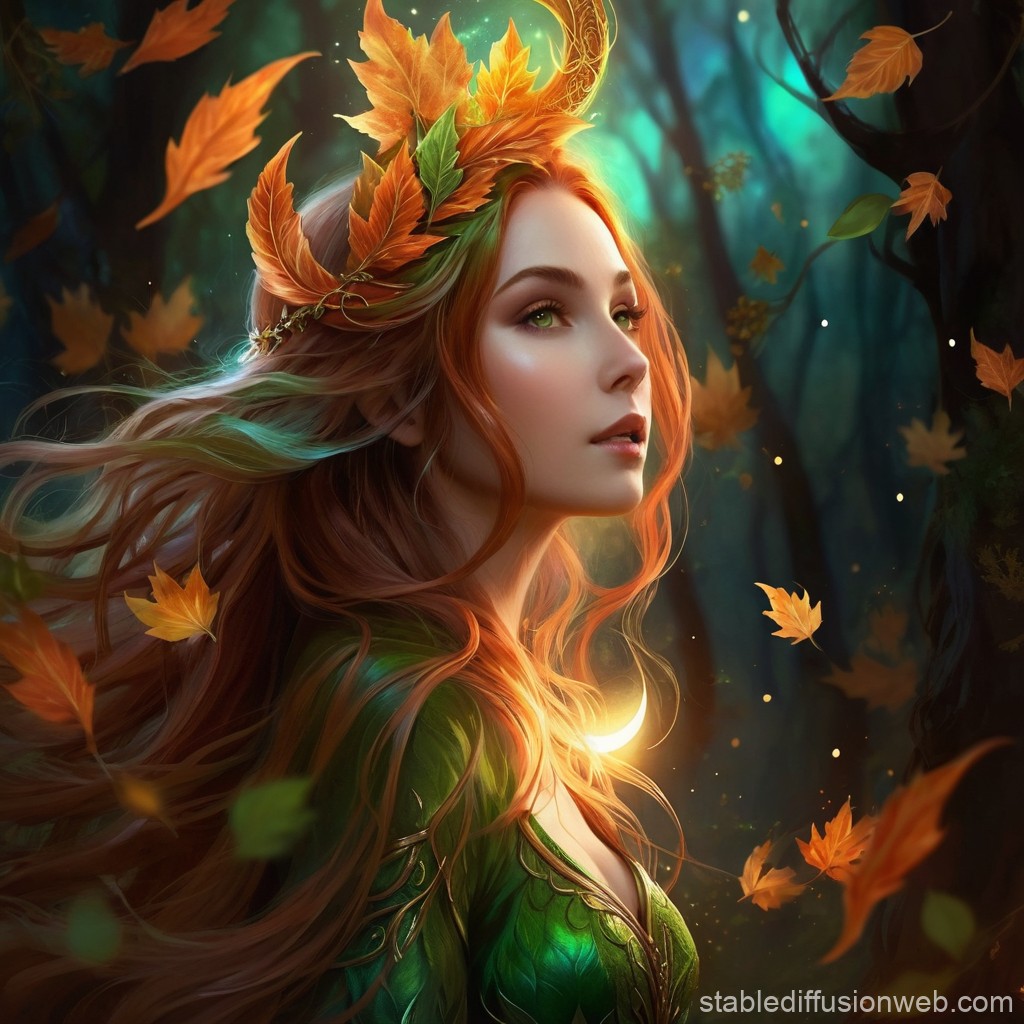Autumn Forest Elf with Glowing Crescent Moon Necklace