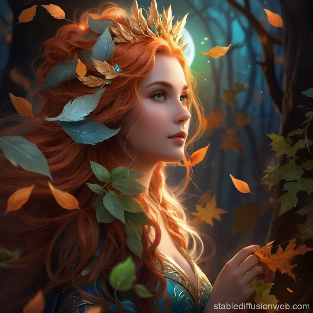 Autumn Forest Queen with Fiery Red Hair and Leaf Crown