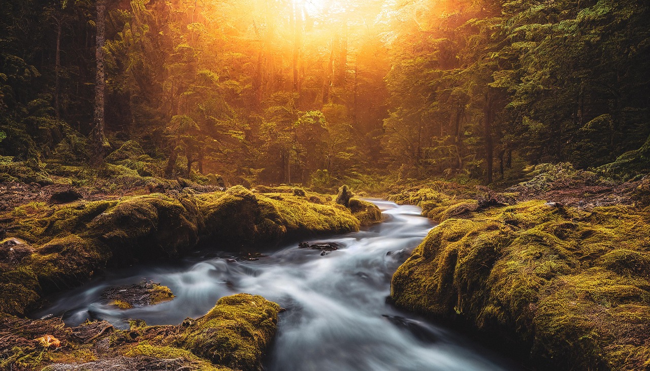 Autumn Forest Stream at Sunset
