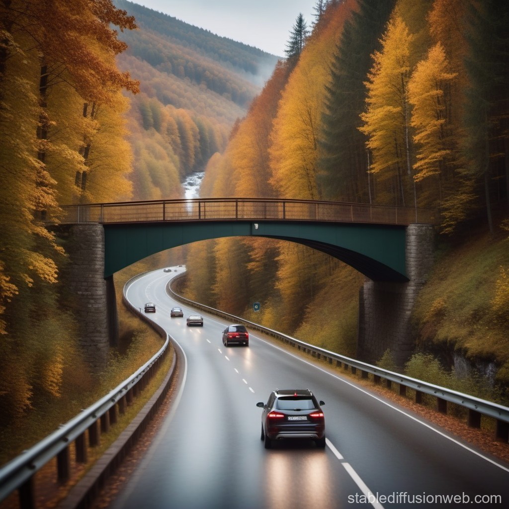 Autumn Highway with Bridge in Forested Mountains