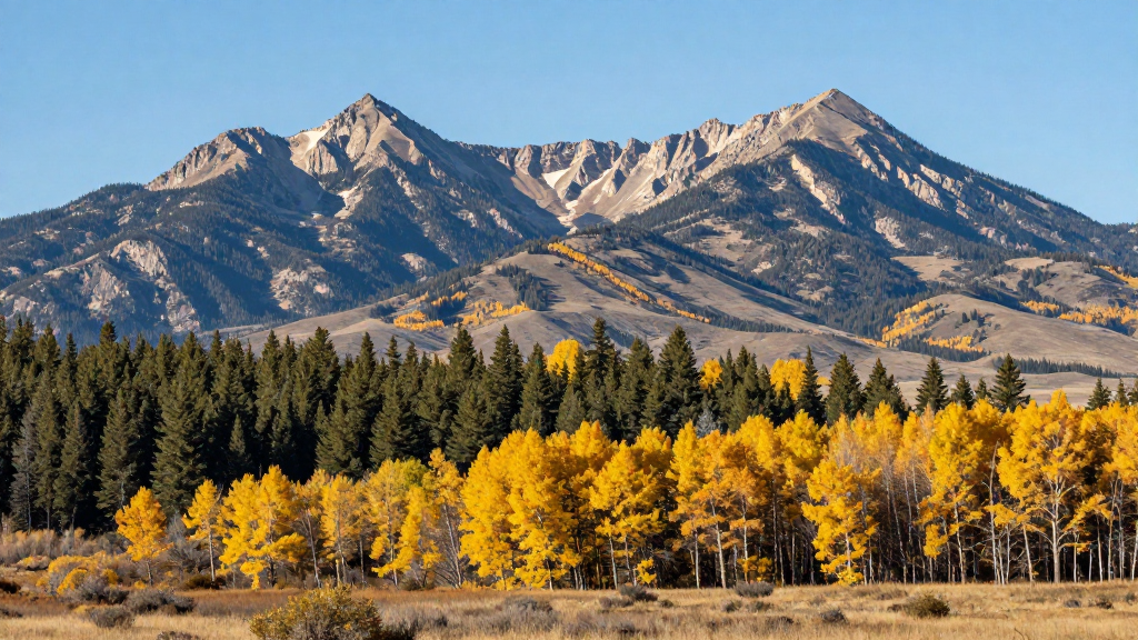 Autumn Landscape with Mountains and Golden Trees in Bozeman, Montana