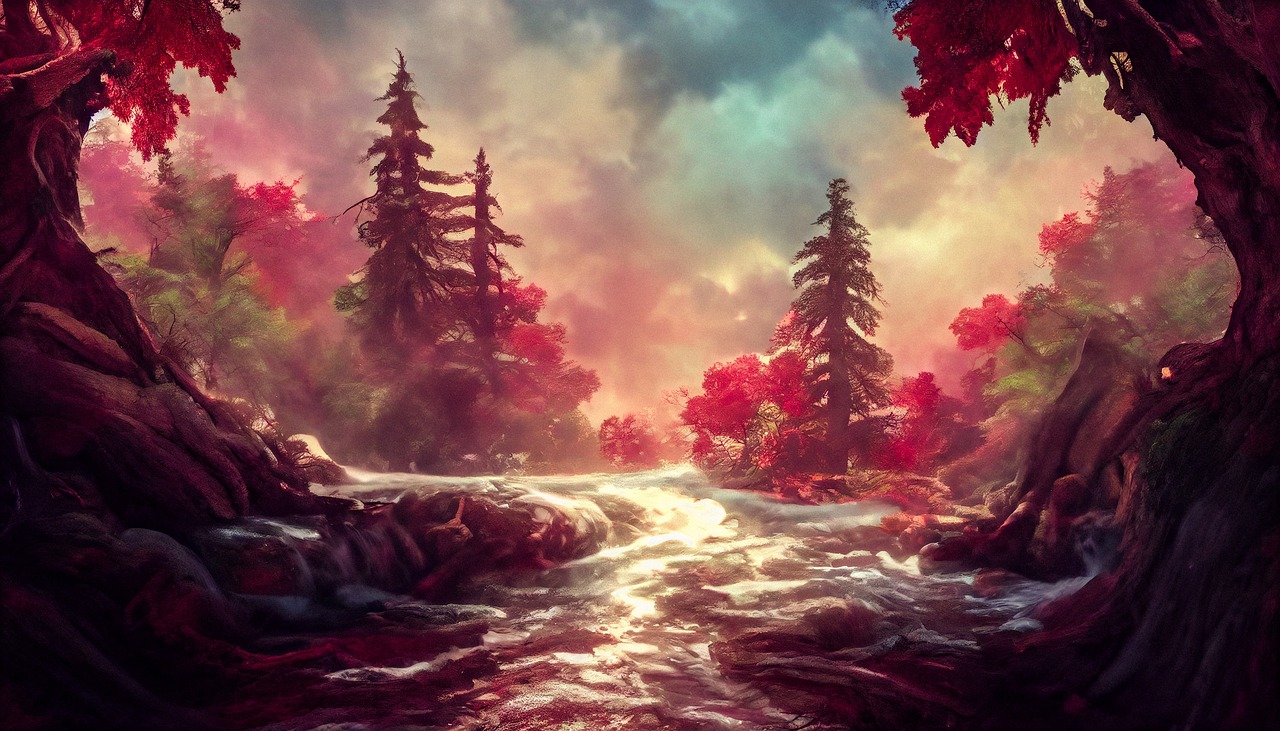 Autumn River Flow Through Enchanted Forest
