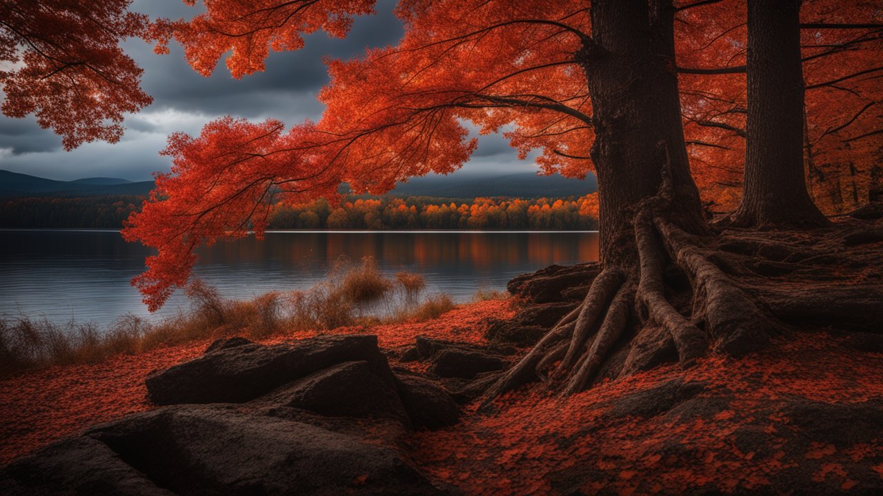 Autumn Trees by a Serene Lake Under Moody Sky