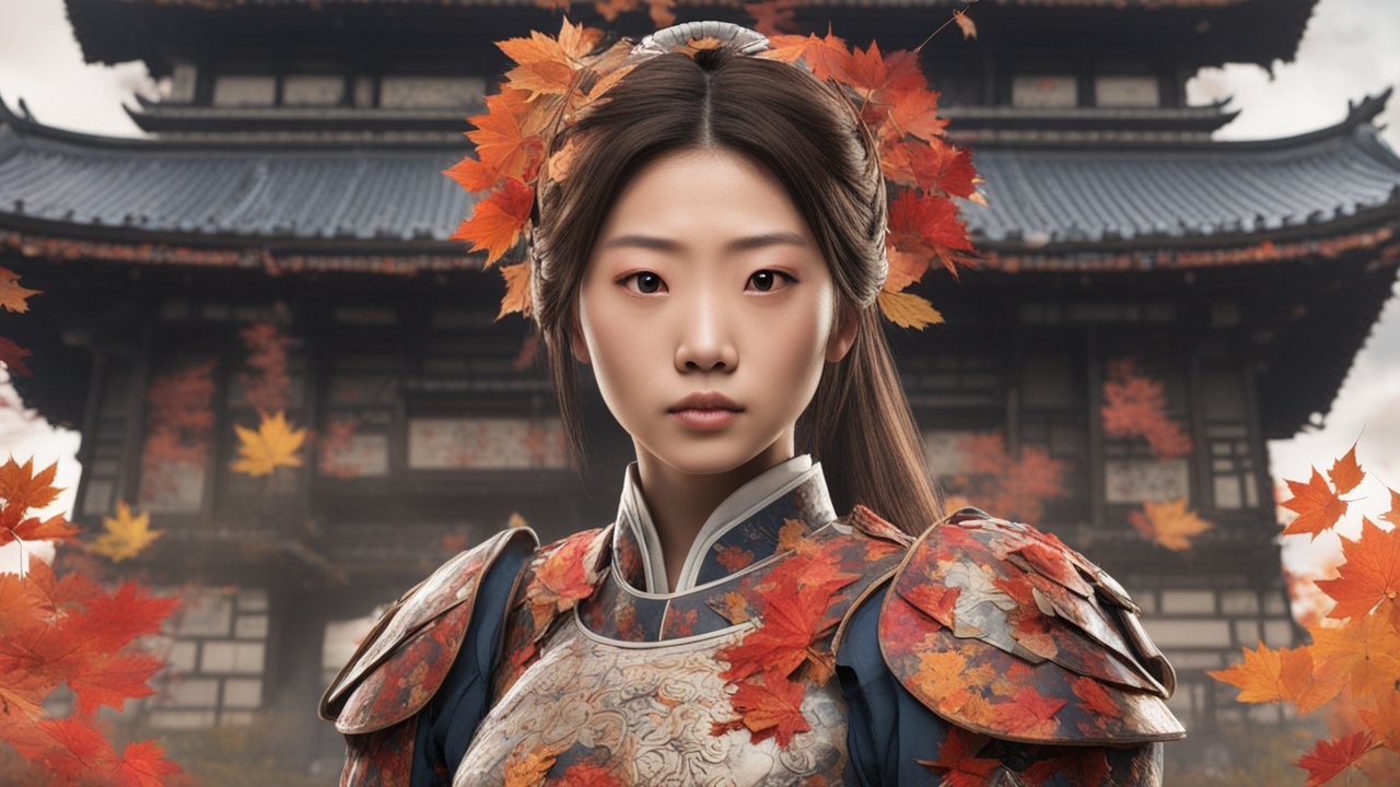 Autumn Warrior in Traditional Armor with Maple Leaves