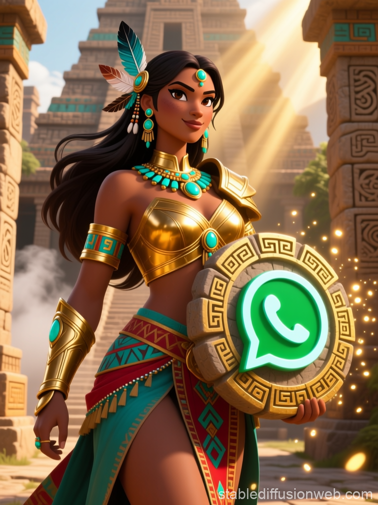 Aztec-Inspired Warrior Woman Holding WhatsApp Shield